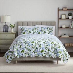 Waverly Treillage Trellis Blue White Floral KING Bedspread quilt Set 3pc